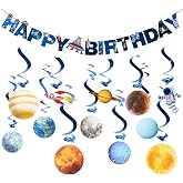 SUNBEAUTY Solar System Birthday Party Decorations Outer Space Happy Birthday Banner Planet Rocket Astronaut Hanging Swirls for Kids Baby Shower First Trip Around The Sun School Supplies