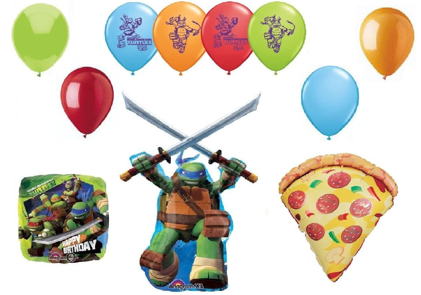 TEENAGE Mutant NINJA TURTLES and PIZZA 11 Piece Birthday Party Mylar & Latex Balloons Set, Plus Balloon Curling Ribbon!