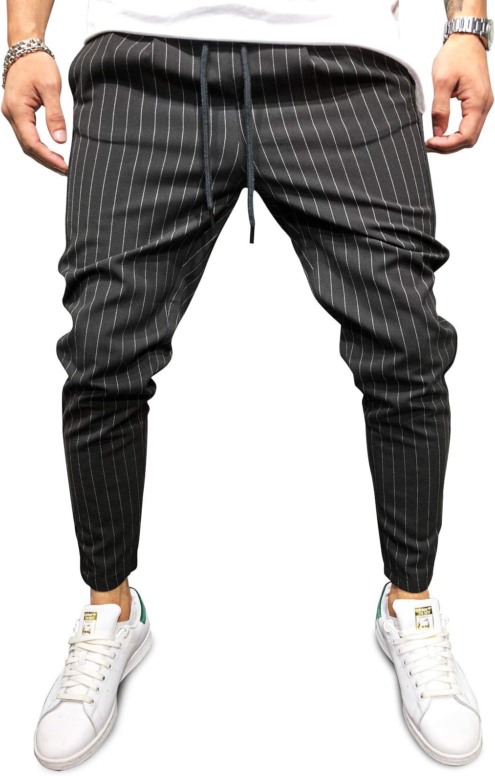 Monocloth Casual Black Ankle Length Pants Men Streetwear Striped Slim Fit Trousers