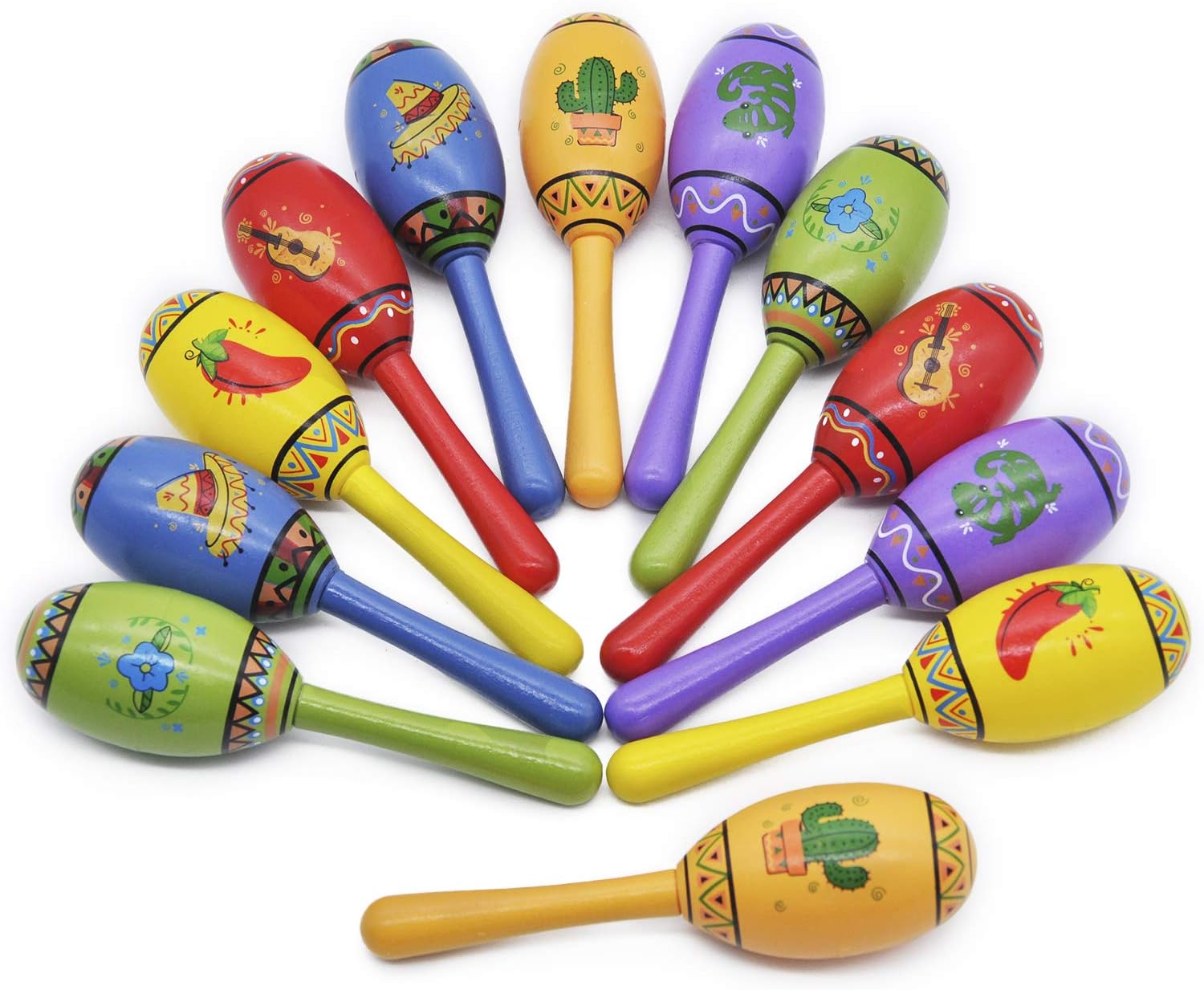 24 Mini Wooden Fiesta Maracas 6 Designs Noisemaker for Mexican Fiesta, Cinco De Mayo Party Favors, Musical Fun, Birthday Parties, Luau Party, Carnivals, Taco Tuesday Event: Toys & Games
