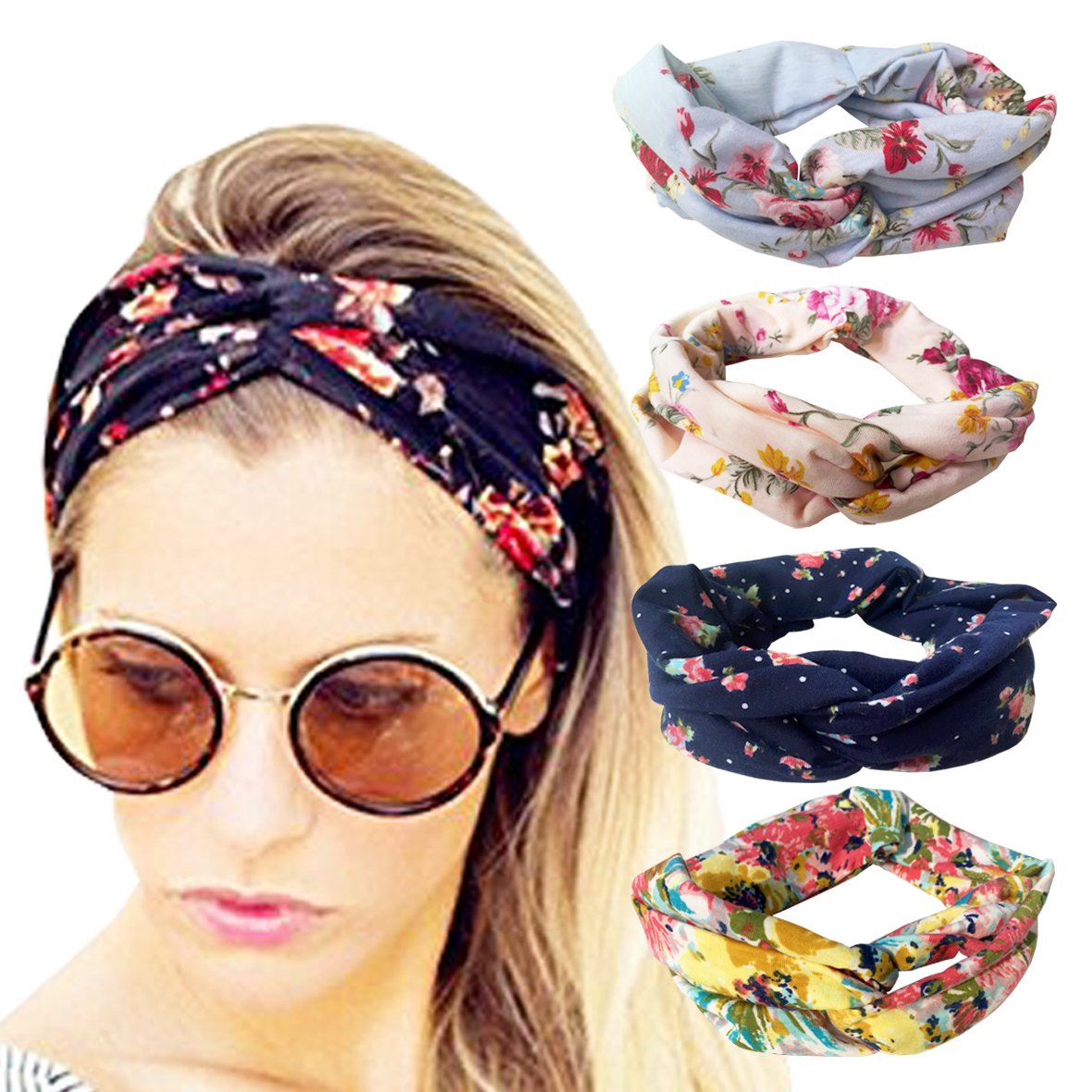 DRESHOW 4 Pack Women Headbands Vintage Elastic Boho Floral Style Criss Cross Head Wrap Hair Band Cute Hair Accessories