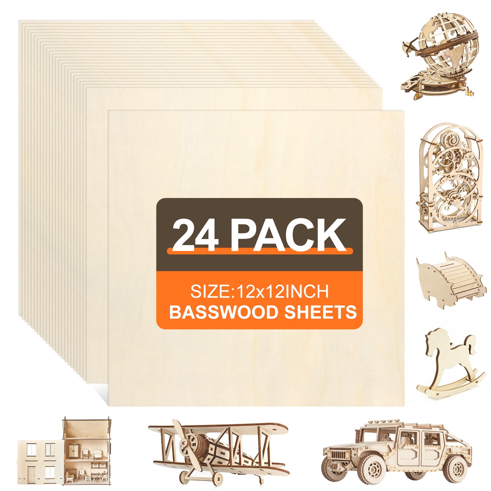 Photo 1 of 24PCS Basswood Sheets 12"x12"x1/8", 3mm Thick Plywood Sheets with Smooth Surfaces, Board Unfinished Wood for Crafts, DIY Architectural Models Making, Wood Engraving