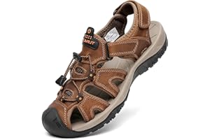 FLARUT Men's Sport Sandals Outdoor Hiking Sandals Closed Toe Leather Athletic Lightweight Trail Walking Casual Sandals Water Shoes