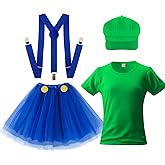 Haysandy 4 Pcs Halloween Cosplay Costume T Shirt Cap Blue Suspenders Tutu Skirt Costume Accessories for Themed Party