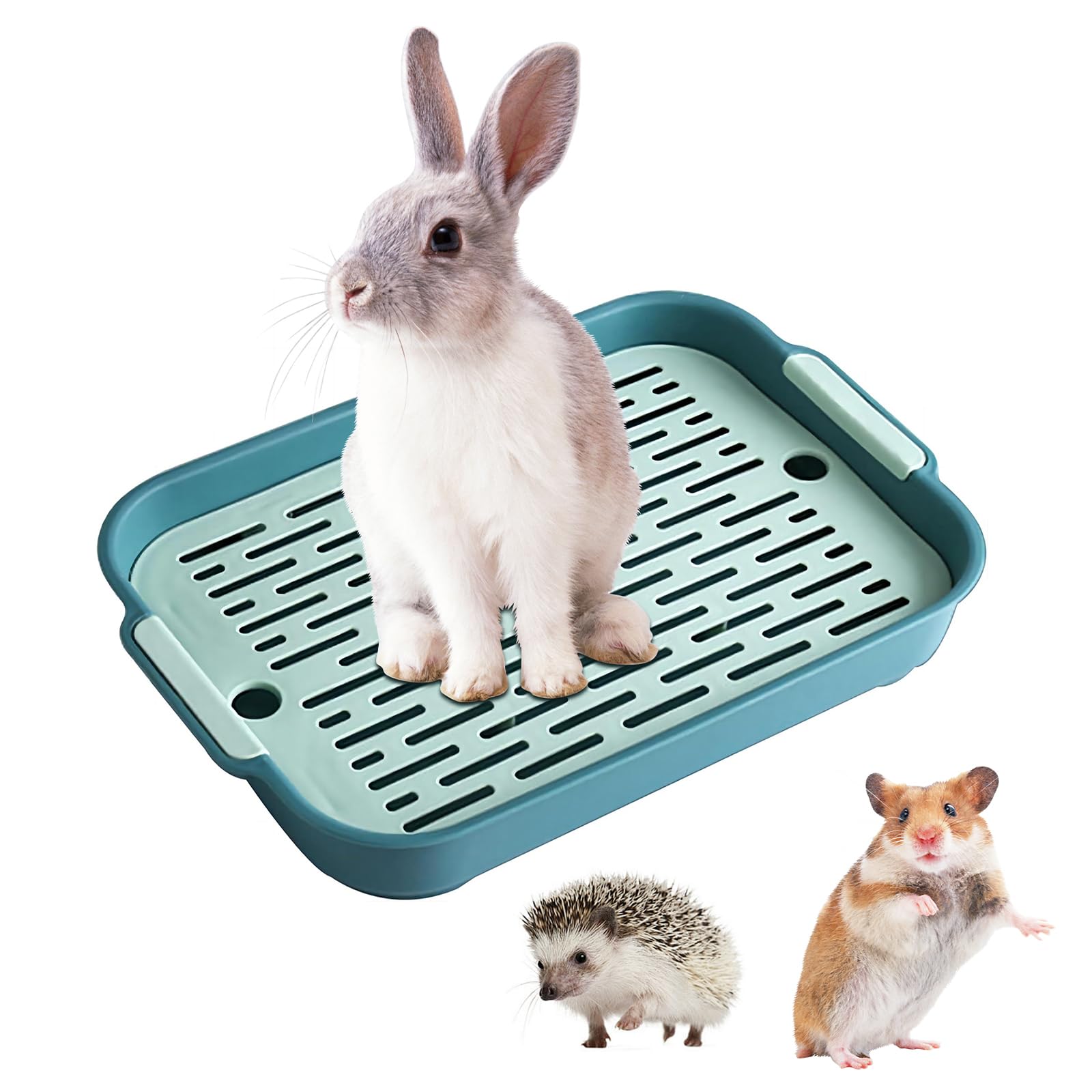 Hoquare Large Rabbit Litter Tray, Rectangular Bunny Litter Box with Grid, 2 Tier Flat Rabbit Cage Toilet Tray, Small Pet Litter Box Toilet Potty for Bunny, Guinea Pig, Cat(Green)