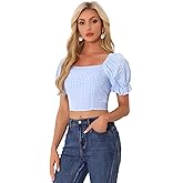 Allegra K Smocked Crop Top for Women's Bubble Sleeve Peasant Gingham Plaid Tops