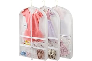 Belinlen 3 PCS 40" Dance Garment Bags with 3" Gussets for Costumes Hanging Garment Bag with 4 Medium Clear Zipper Pockets and