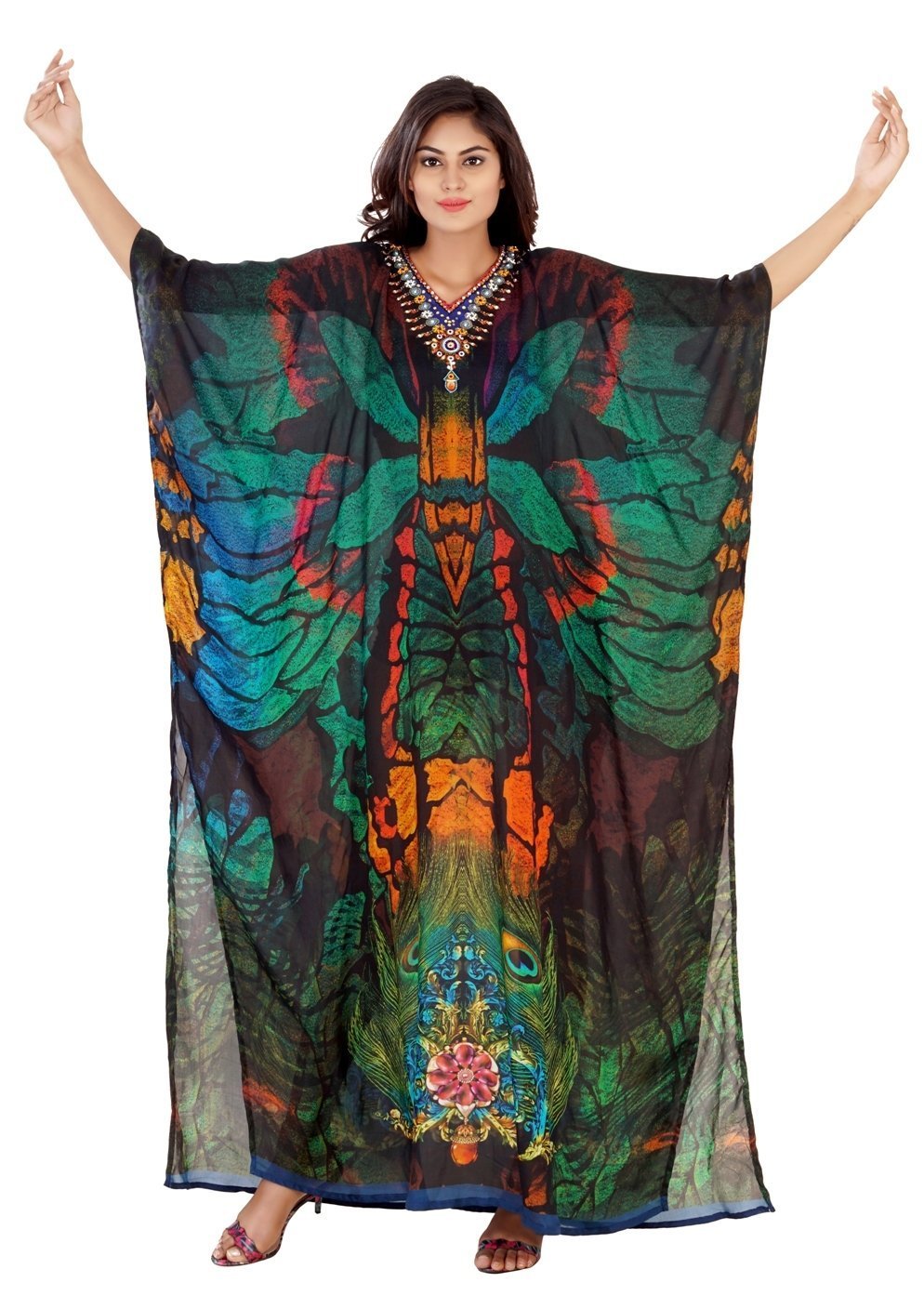 Peacock color print Beach kaftan dress for woman beaded