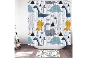 HAISUKA Cartoon Dinosaur Shower Curtain with Bath Mat Set Tree Mountain Dino Graffiti Waterproof Fabric Bathroom Durable Shower Curtain Non-Slip Absorbent Rug