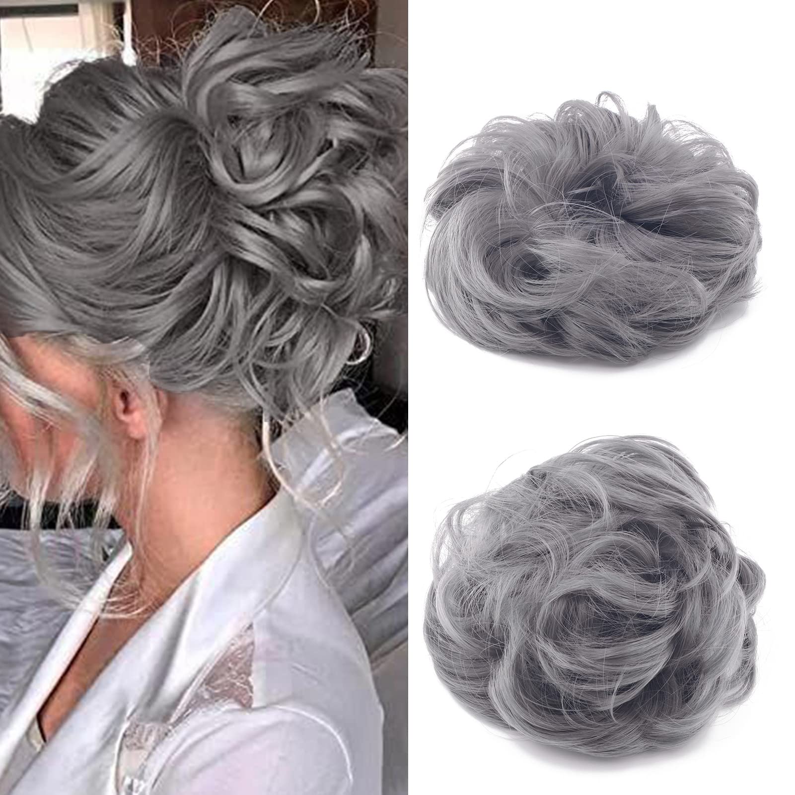 Cybelleza Messy Bun Hair Piece Curly Hair Scrunchies Thick Messy Hair Bun Updo Hairpiece Synthetic Ribbon Ponytail Extensions Donut Chignons Wavy Wig for Women Girls, 35g Dark Grey