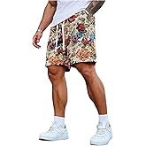 VIPWOLF Men's Floral Shorts Vintage Drawstring Waist Beach Vacation Summer Shorts
