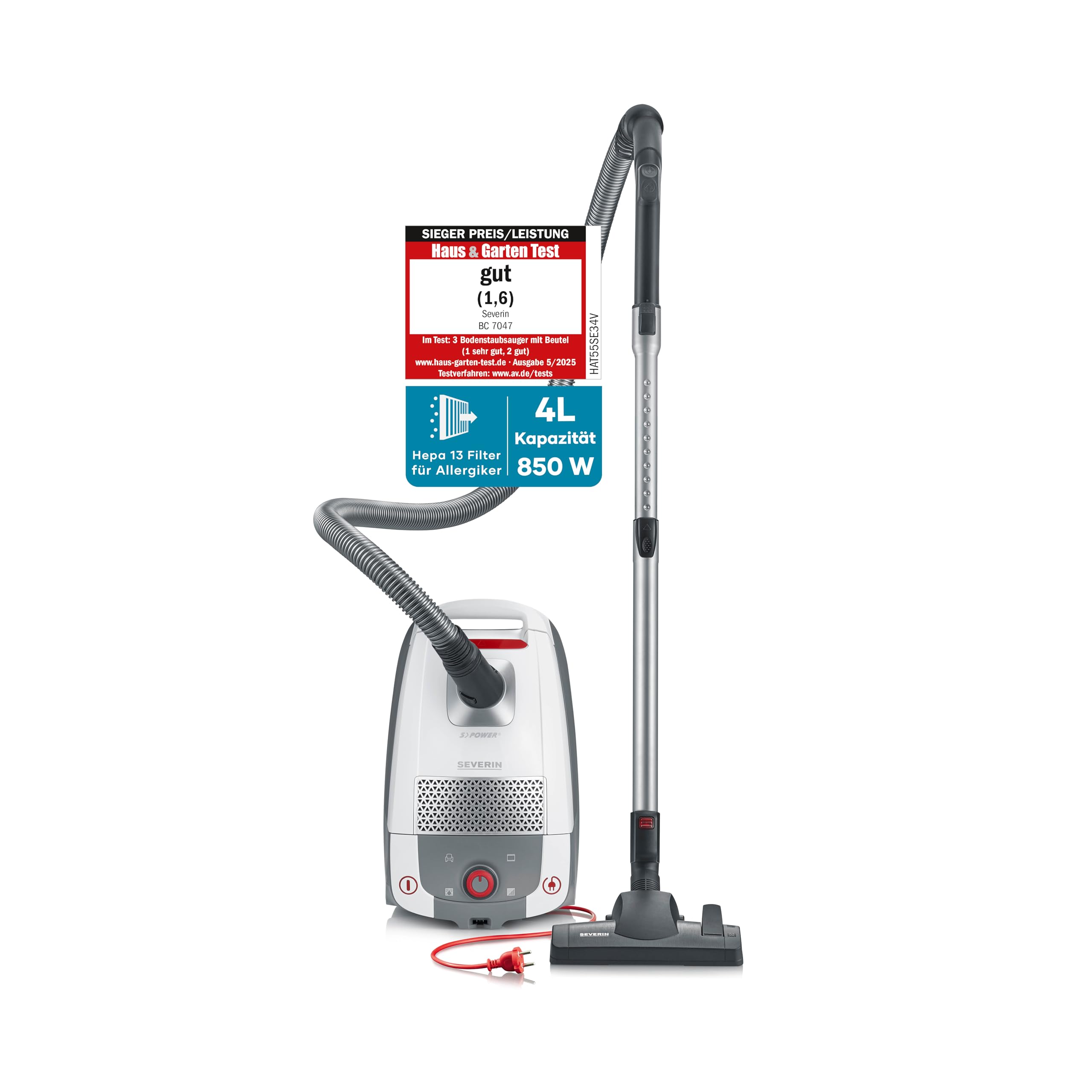 SEVERIN Bodenstaubsauger mit Beutel, leistungsstarker und leiser Staubsauger mit 360° Rollen, HEPA Filter, Zubehör für Teppich & Hartböden, weiß, rot, BC 7047