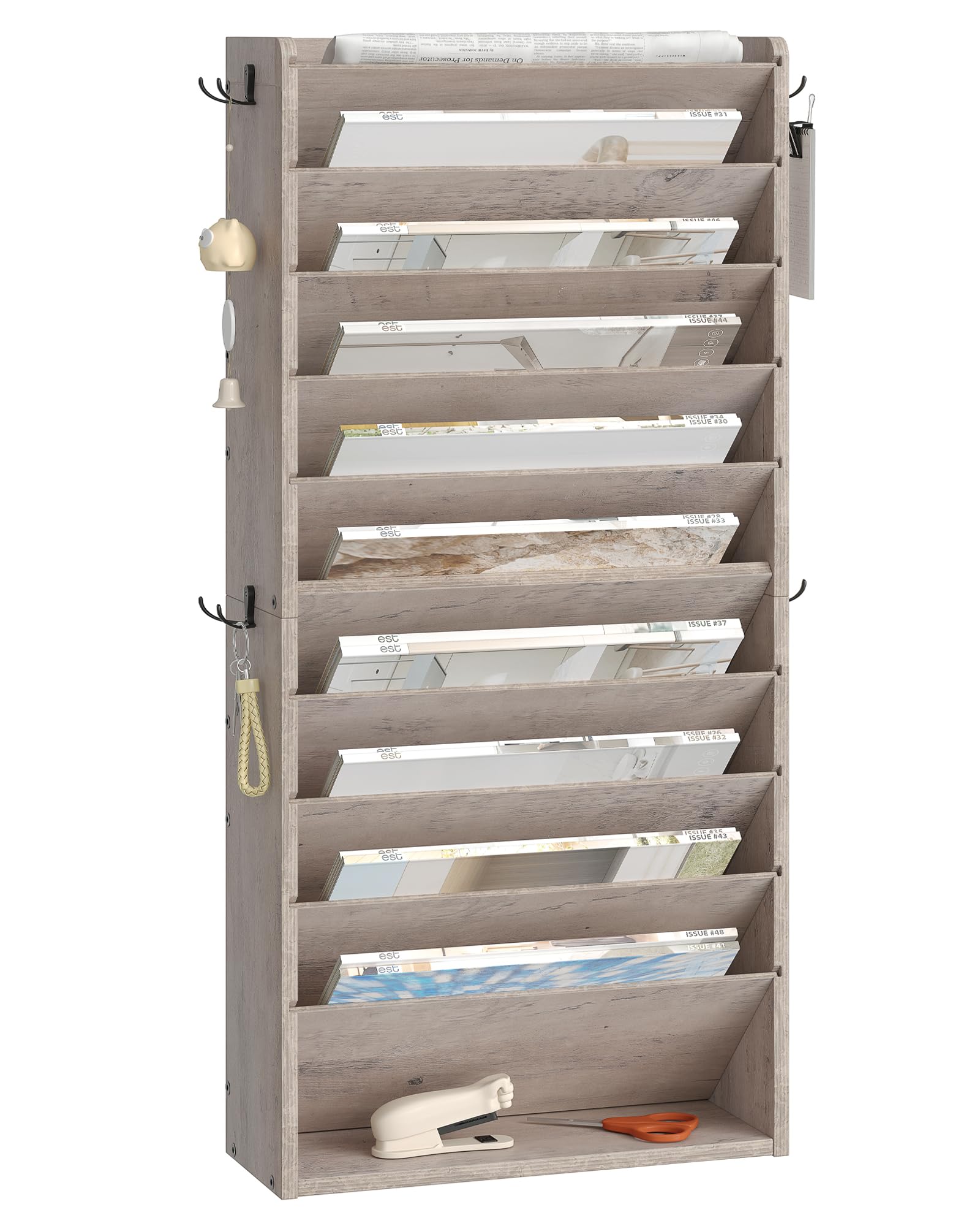 Photo 1 of CHOEZON Wall File Organizer, 10-Tier Hanging Mail Organizer, Wall Mount File Holder with 4 Side Hooks, Industrial Mail and Storage Organizer, Wooden Vertical Hanging Holder for Office, Greige MWJ03FH