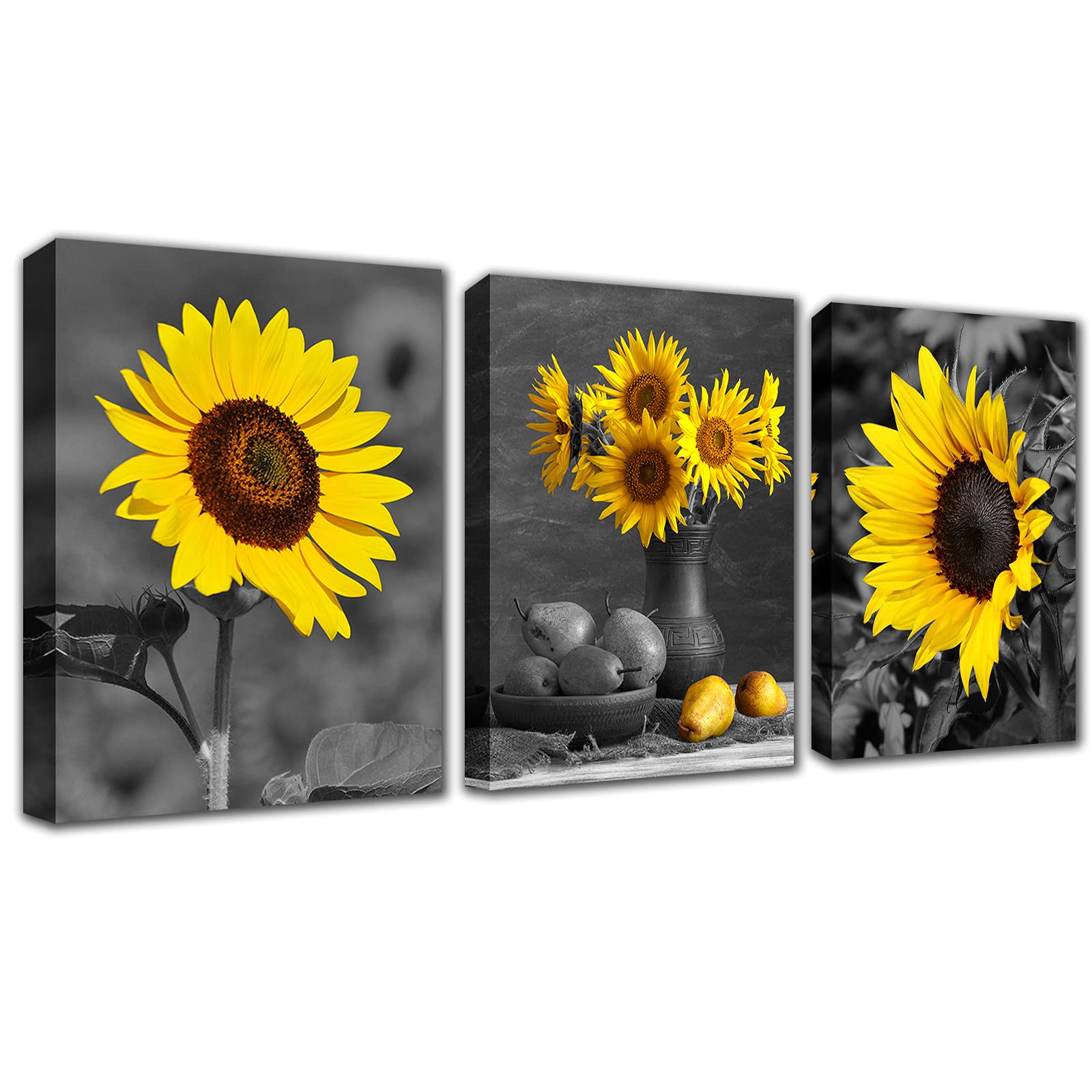 Sunflower Canvas Wall Art Painting - Modern Bathroom Kitchen Living Room Decor Nature Yellow Flower Pictures and Prints Ready To Hang 12x16inch Set of 3 Framed Country Daisy Artwork for Home Office