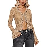 Women's Y2K Tie Front Cardigan Textured Lettuce Trim Long Sleeve Sheer Shrug Top Cover Ups