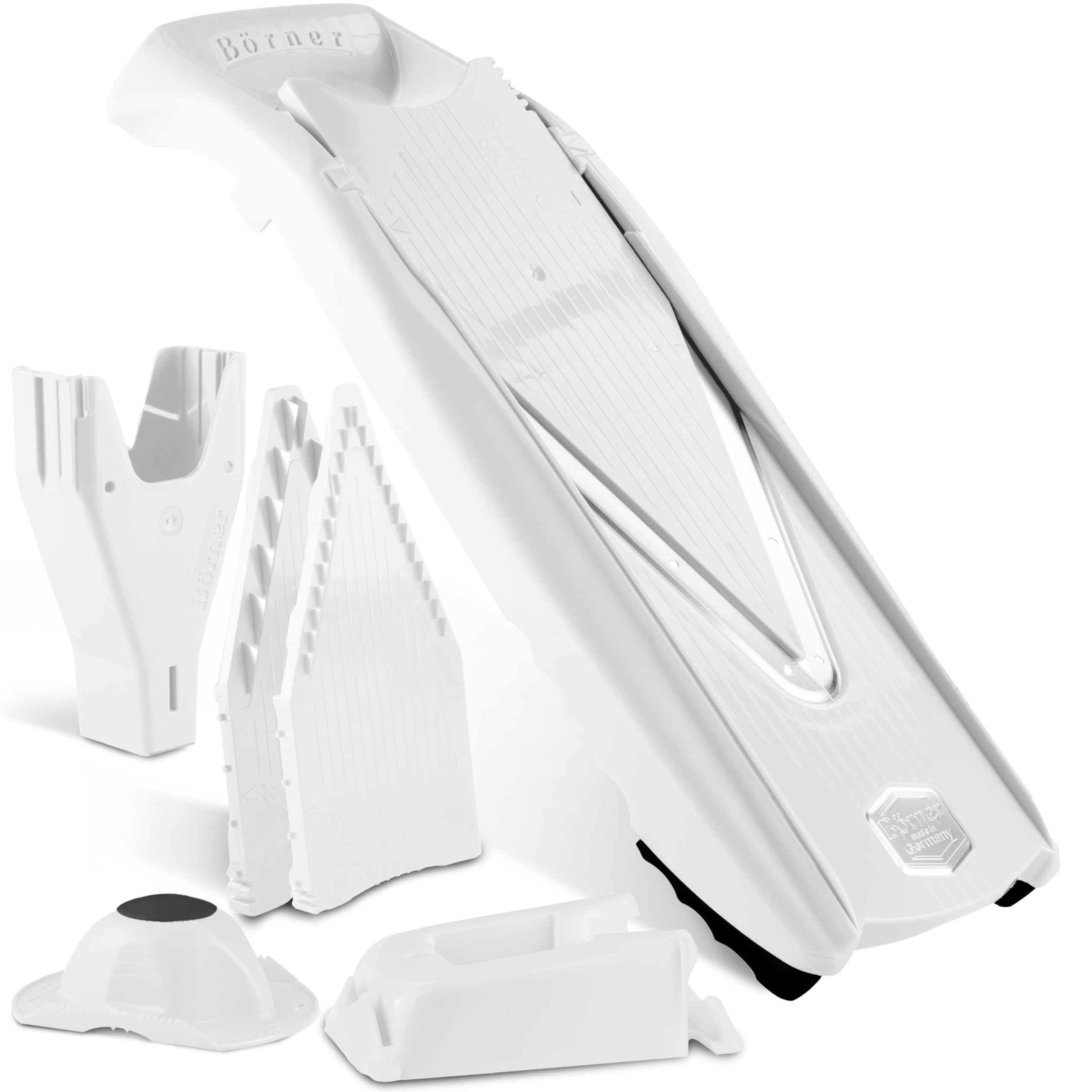 Mandoline Food Slicer Börner V5 (Profi Set) by Reston Lloyd • V-Slicer with 4 Inserts, Docking Station & Food Holder • Made in Germany • Fruit & Vegetable Chopper • Multiple Settings • Color: White