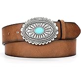 XZQTIVE Women Western Leather Belt Vintage Country Belts For Cowgirl Jeans Dresses Ladies Concho Belt With Turquoise Buckle