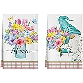 XCHI Colorful Flowers Gnome Spring Kitchen Towels Summer Dish Towels 18x26 Inch Home Kitchen Decorations Hand Towels Set of 2 Drying Dishcloth