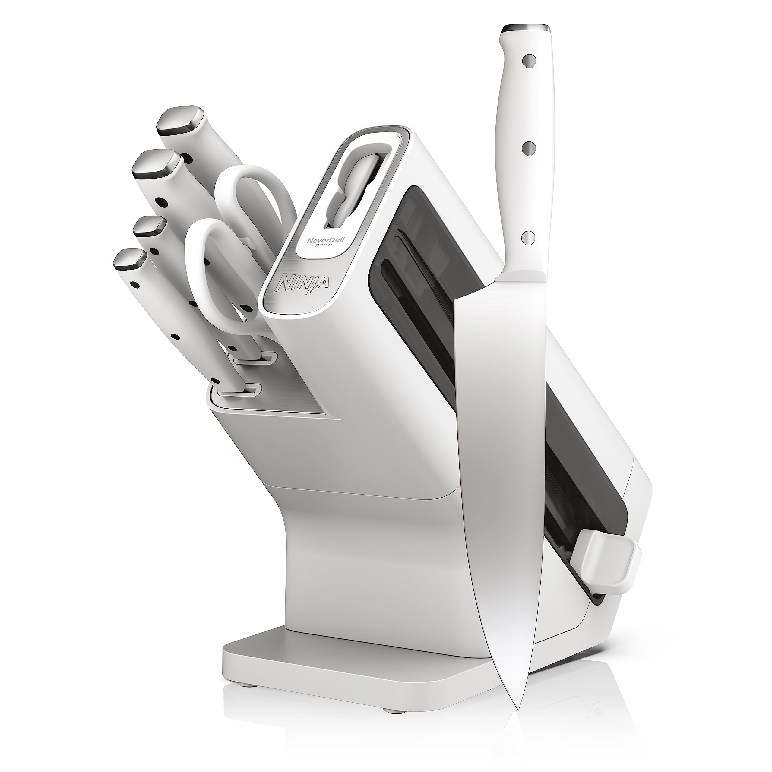 Ninja K12007WHBN NeverDull Sistema de cuchillos de preparación de 7 piezas, Essential, acero inoxidable con alto contenido de carbono, afilador incorporado, blanco