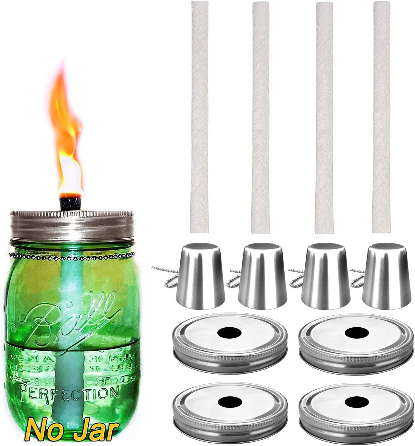Mason Jar Tabletop Torch Kits,4 Pack Regular Mouth Lids,4 Long Life Torch Wicks and Caps Included,Oil Fuel Lamps for Patio Table Top Torch Lantern(No Jar)