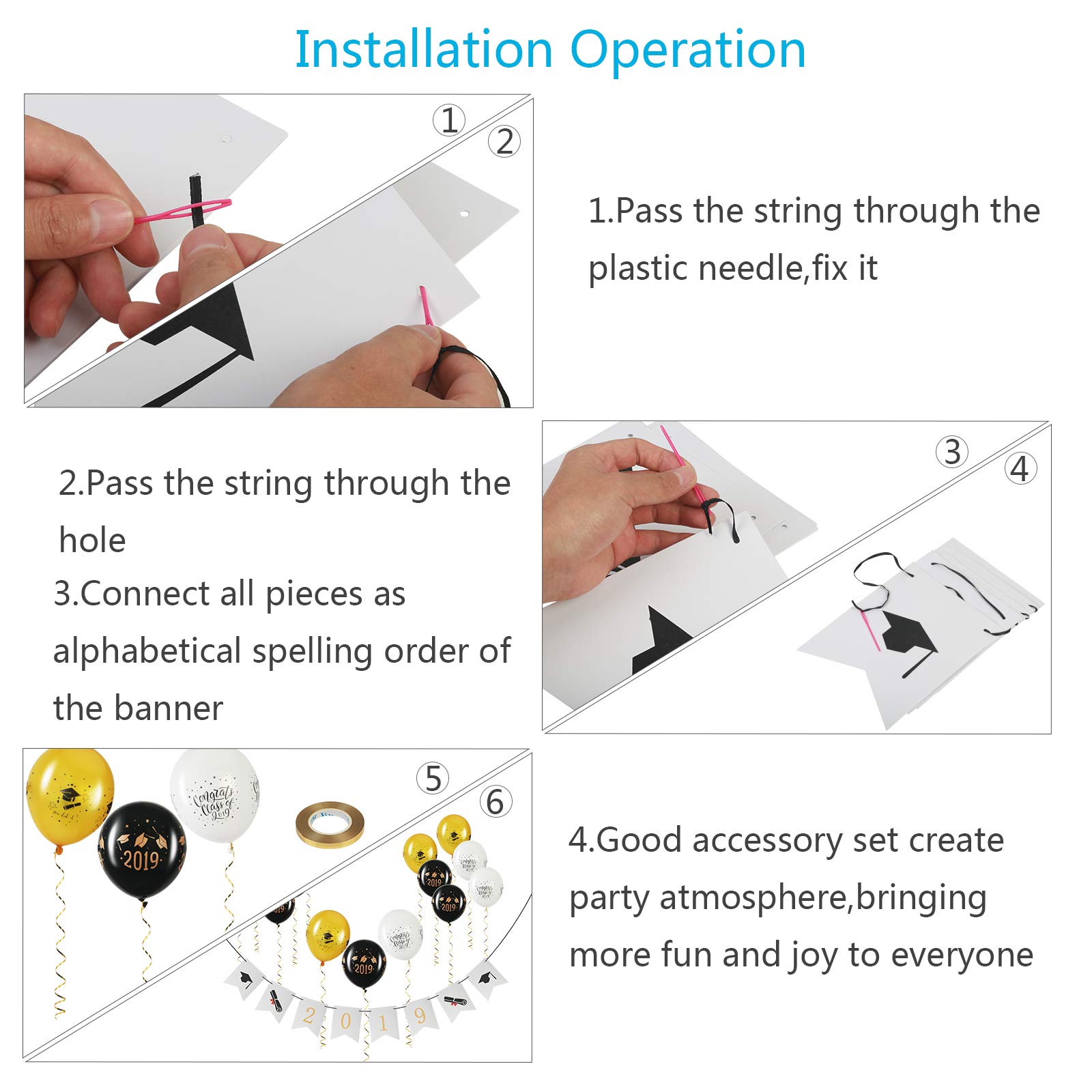 2019 Graduation Banner KATOOM Graduate Celebration Bunting Garland Grad Pennant Flags with 15 Pcs Latex Balloons for Graduation Party Decor Photo Props