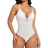 SHAPERIN Sexy Lace Shapewear Bodysuit for Women Tummy Control Thong Body Shaper Suit Tank Tops White XL