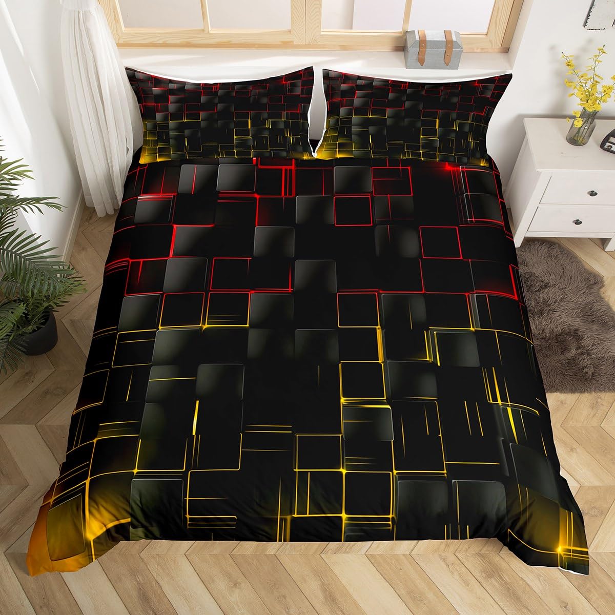 Manfei Red and Yellow Duvet Cover Set Single Size, Abstract Geometric Grid Bedding Set 2pcs for Kids Boys Room Decor, Black Square Lattice Comforter Cover Soft Polyester Quilt Cover with 1 Pillowcase — image 1