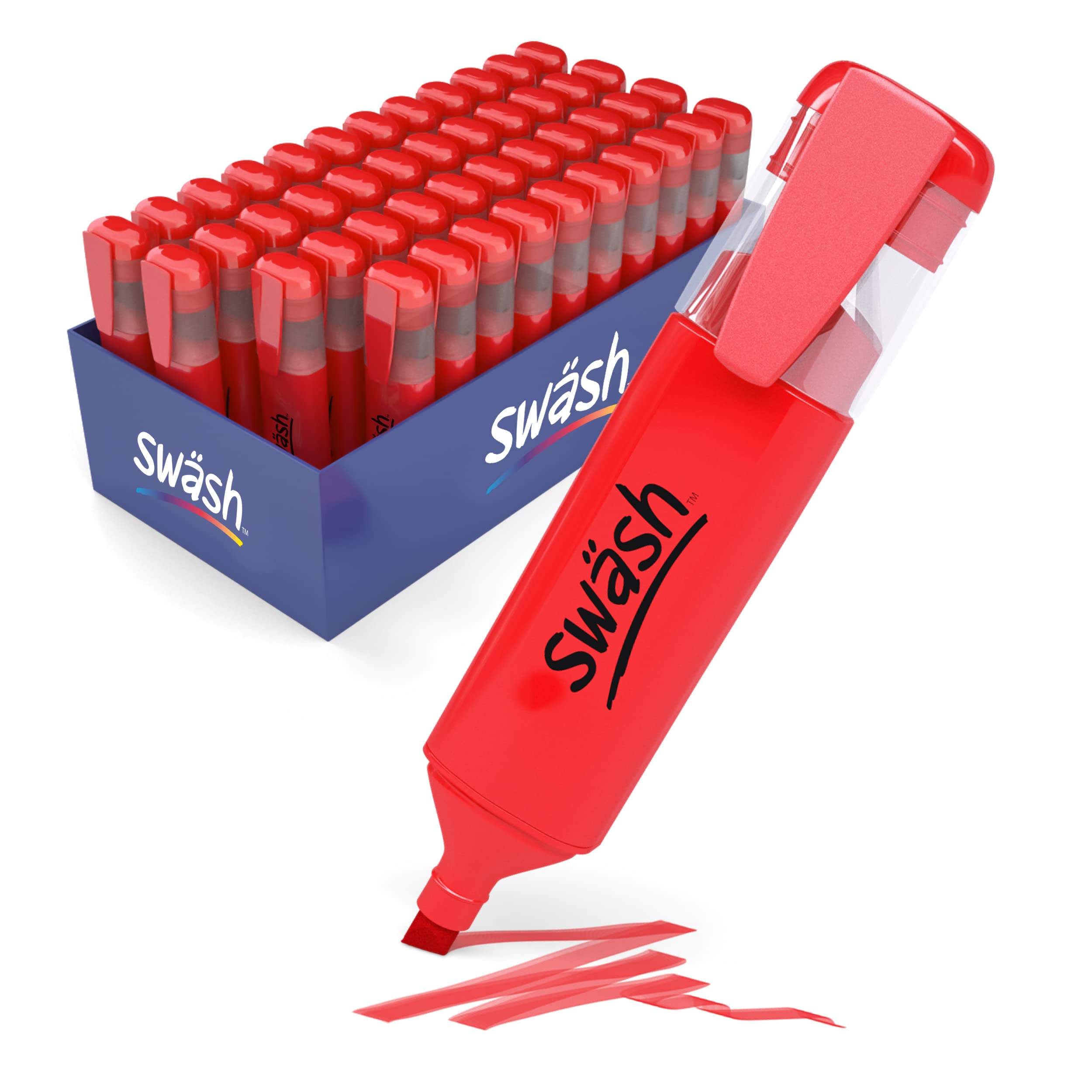Swäsh HLP48RD Premium Highlighter Pens for Schools and Students – Wedge Tip – Red (48 Pack of Markers)