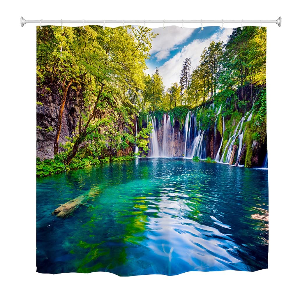 goodbath Scenic Shower Curtain Waterfall, Picture Morning Views 3D Anti Mould shower curtains for Bathroom, 180x180cm