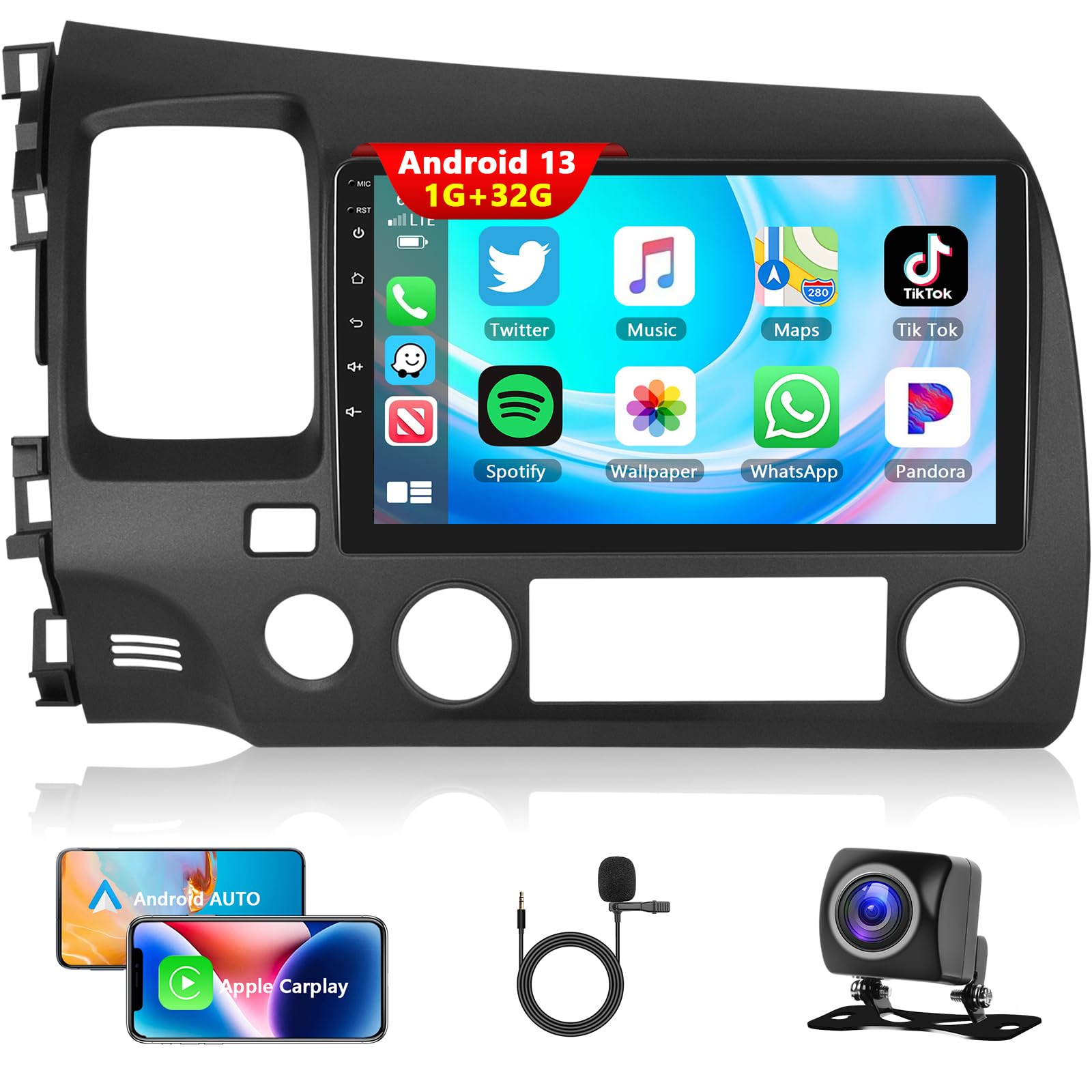 Photo 1 of Podofo Android 13 Car Stereo for Honda Civic 2006 2007 2008 2009 2010 2011 with Wireless Carplay Android Auto,9 Inch Touch Screen Car Radio with Mirror Link,BT,GPS,WiFi,SWC+AHD Backup Camera+MIC