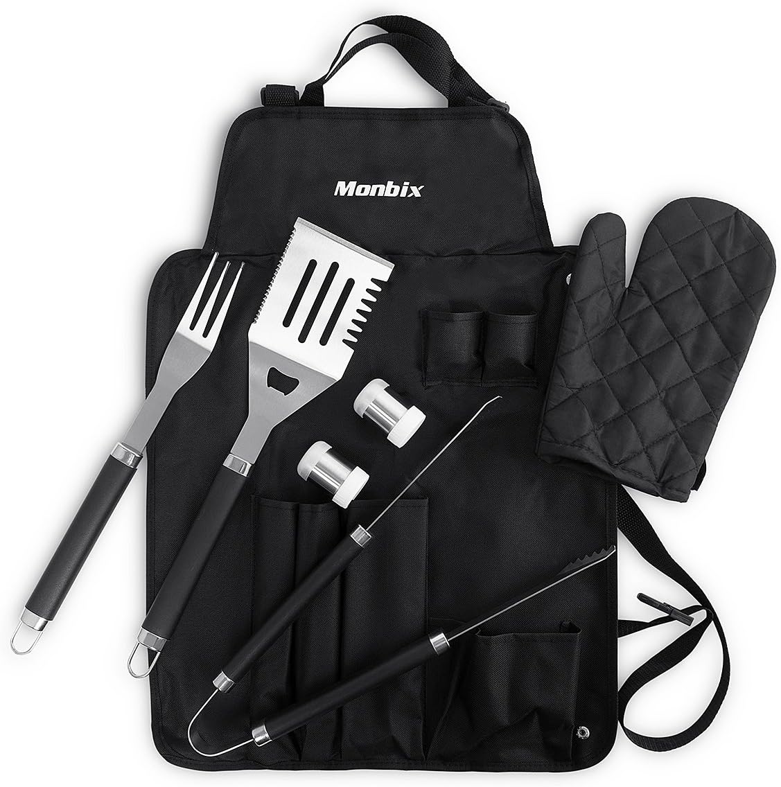 Monbix PC-70707 7 Pieces Practical BBQ Grill Set with Waterproof Apron - Stainless Steel Barbecue Accessories Can Be Stored in Apron and Folded into Carrying Bag for Storage, for Outdoor Grilling