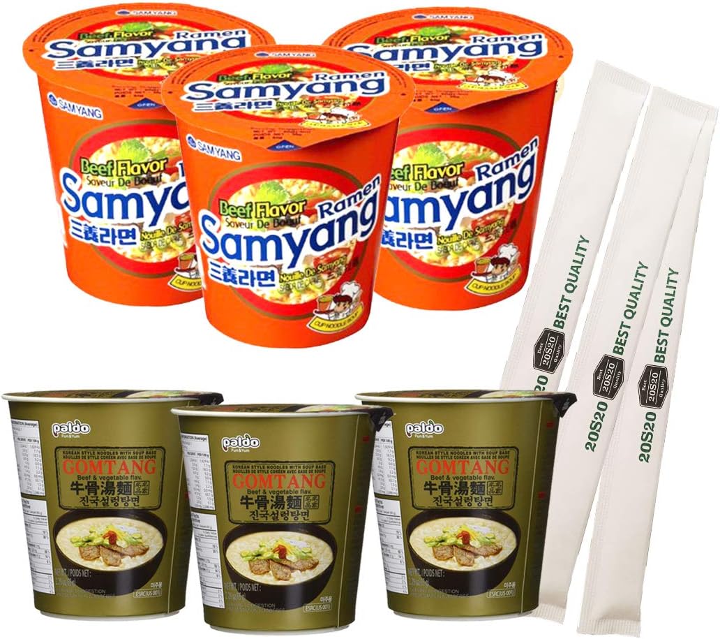 20S20 Assorted Instant Cup Noodle Soup 6 Pack- Samyang Gomtang Ramen for Study, Camping Hiking, or Snack (with 20S20 Chopsticks 3 pack)