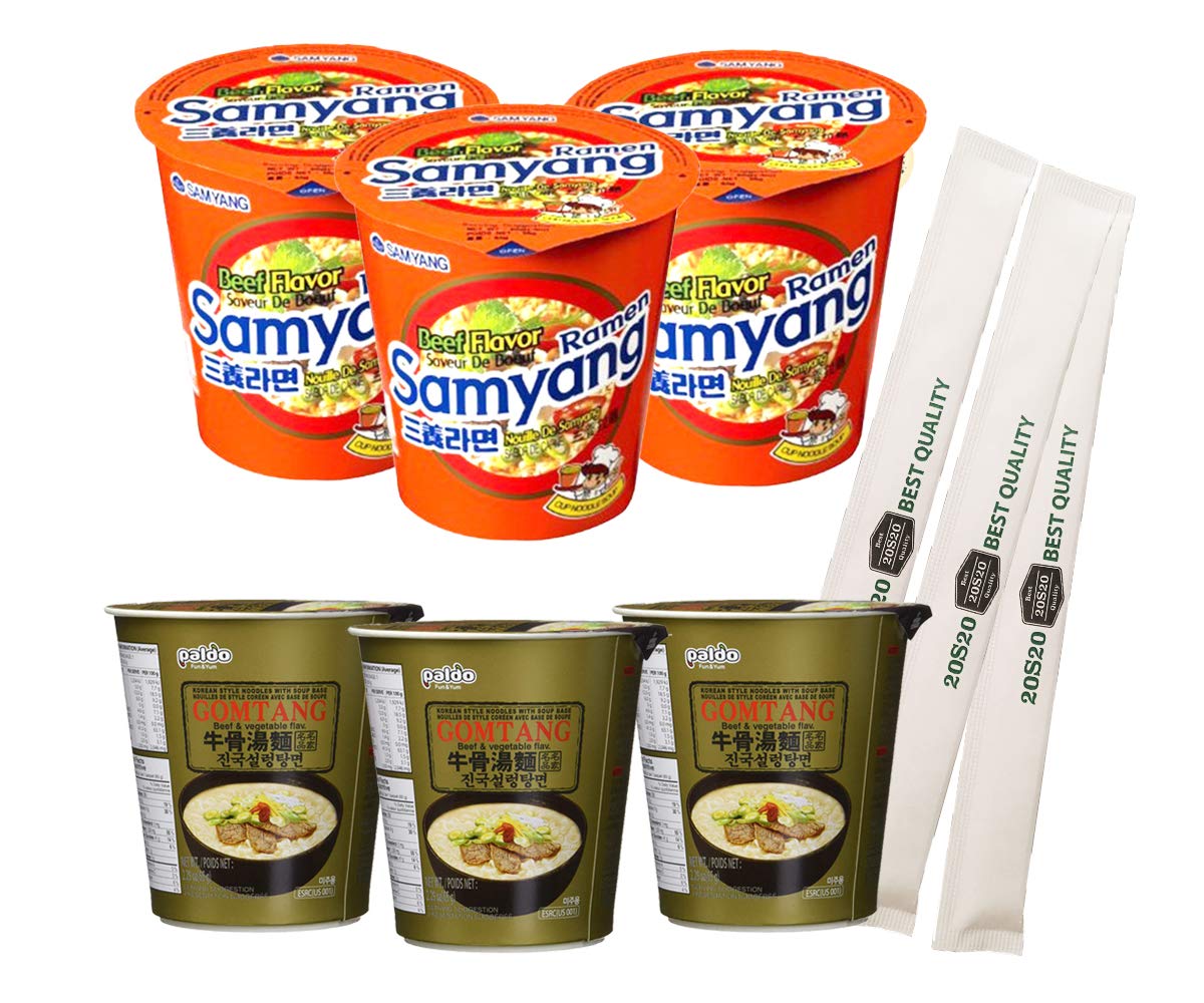 20S20 Assorted Instant Cup Noodle Soup 6 Pack- Samyang Gomtang Ramen for Study, Camping Hiking, or Snack (with 20S20 Chopsticks 3 pack)