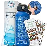 SIPSO fresh Hiking Gift Water Bottle – 32 oz Vacuum Insulated Stainless Steel National Park Water Bottle | 63 Waterproof Stickers & Premium Gift Box | Camping & Outdoor Adventure Gifts (Royal Blue)