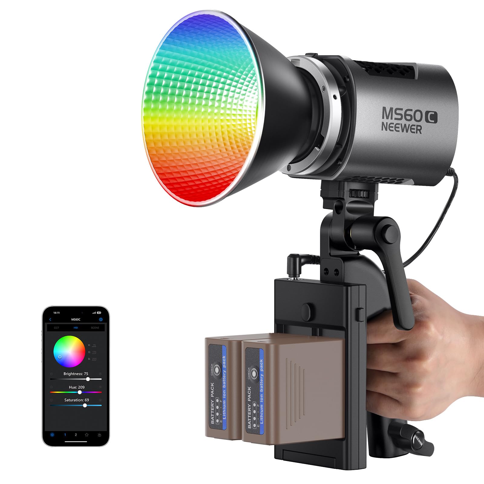 Photo 1 of NEEWER MS60C 65W COB RGBWW LED Video Light with Battery Kit, 2.4G/APP Control, 2X 7800mAh NP-F970 Battery PD Fast Charging, 2700K-6500K, 8300lux/1m, CRI97+/TLCI98+, 17 Scenes, Bowens Mount