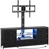 TV Stand with Mount and 7 Fabric Drawers, Led Entertainment Center with Power Outlets for 32 45 55 60 65 70 inch TVs, Black Dresser with Open Shelves, Media Console Cabinet for Living Room Bedroom