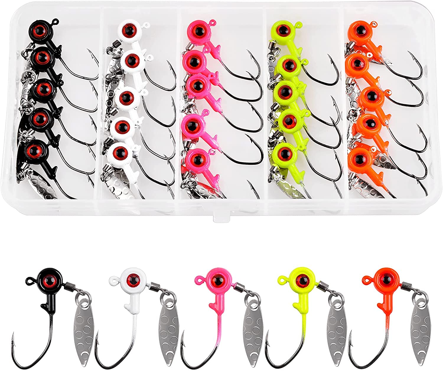 25pcs Jig Head Fishing Hooks Kit Mixed Underspin Fishing Jig Hooks, 3D Eye Ball,Bass Crappie Fishing Lures, Painted Fishing Hooks Fishing Jigs Swimbait Jig Head Hooks(1.75g-25pcs)