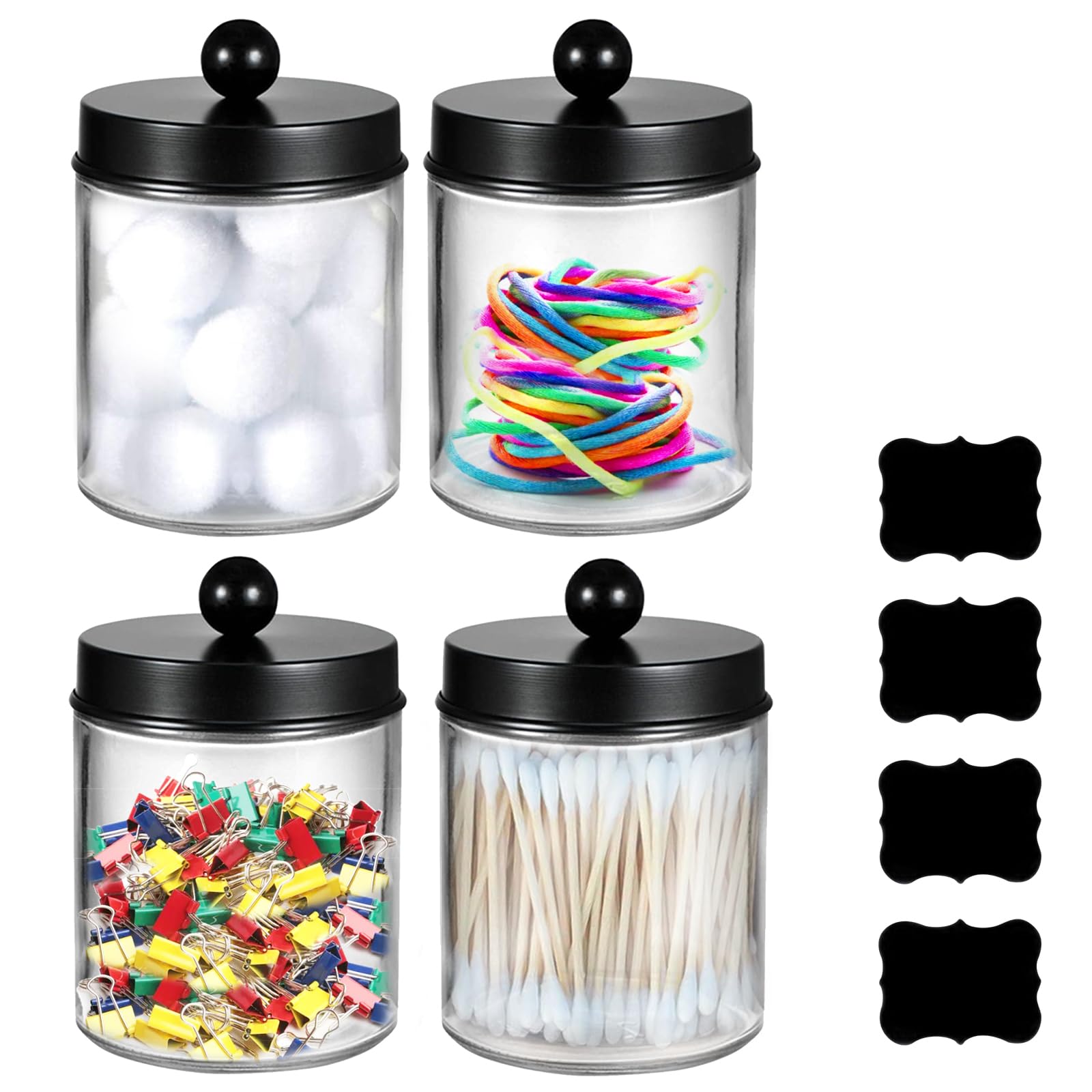 4Pcs Cotton Buds Holder, Bathroom Storage Jars With Lids Cotton Bud Holder, Cotton Pad Holder Glass Cotton Swab Holder, Bathroom Jars Storage Containers For Cotton Ball, Floss, Hair Band (Black)
