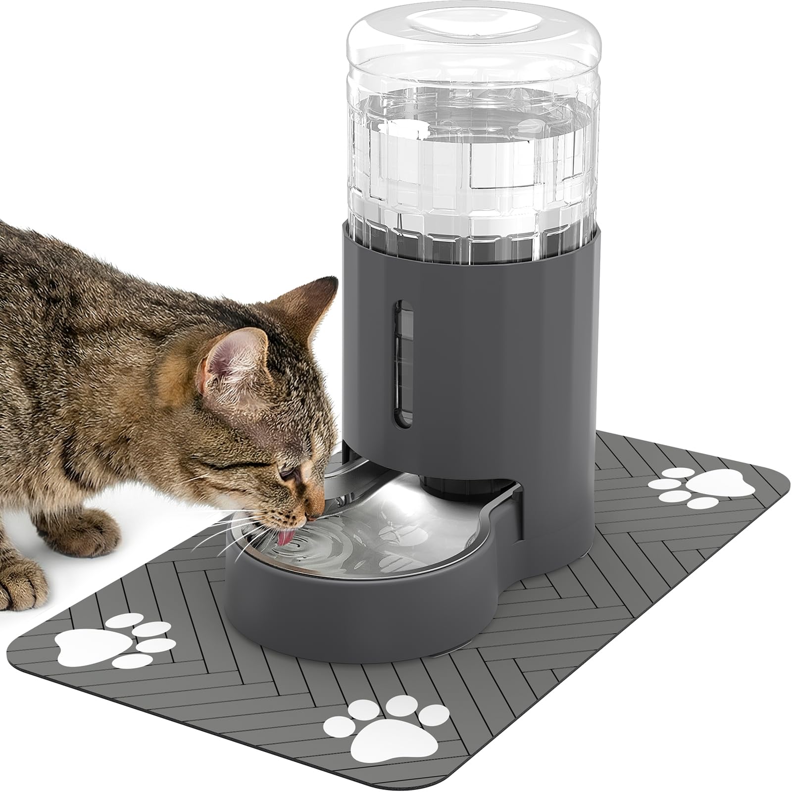 JUNSPOW Cat Water Dispenser with Placemat and Stainless Steel Bowl, Automatic Gravity Water Dispenser for Cats or Small Medium Size Dogs, Large Capacity, Easy to Clean and Safe for Pets (4L)