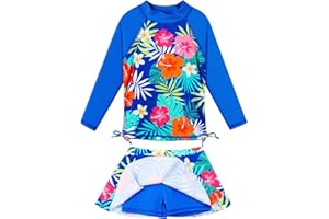 BAOHULU Girls 2-Piece Rash Guard Swimsuit Long Sleeve Bathing Suit with Swim Skirt UPF50+ Kids Beach Swimwear 2-12Y
