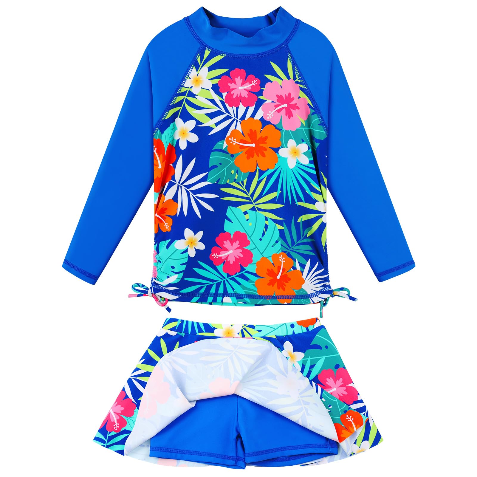 Photo 1 of BAOHULU Girls 2-Piece Rash Guard Swimsuit Long Sleeve Bathing Suit with Swim Skirt UPF50+ Kids Beach Swimwear 2-12Y S495_NavyFlower_12A