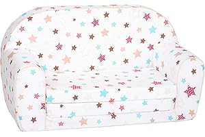 Delsit Toddler Couch & Kids Sofa - European Made Children's 2 in 1 Flip Open Foam Double Sofa - Kids Folding Sofa, Toddler Sofa Bed - Comfy fold Out Lounge (White with Stars)