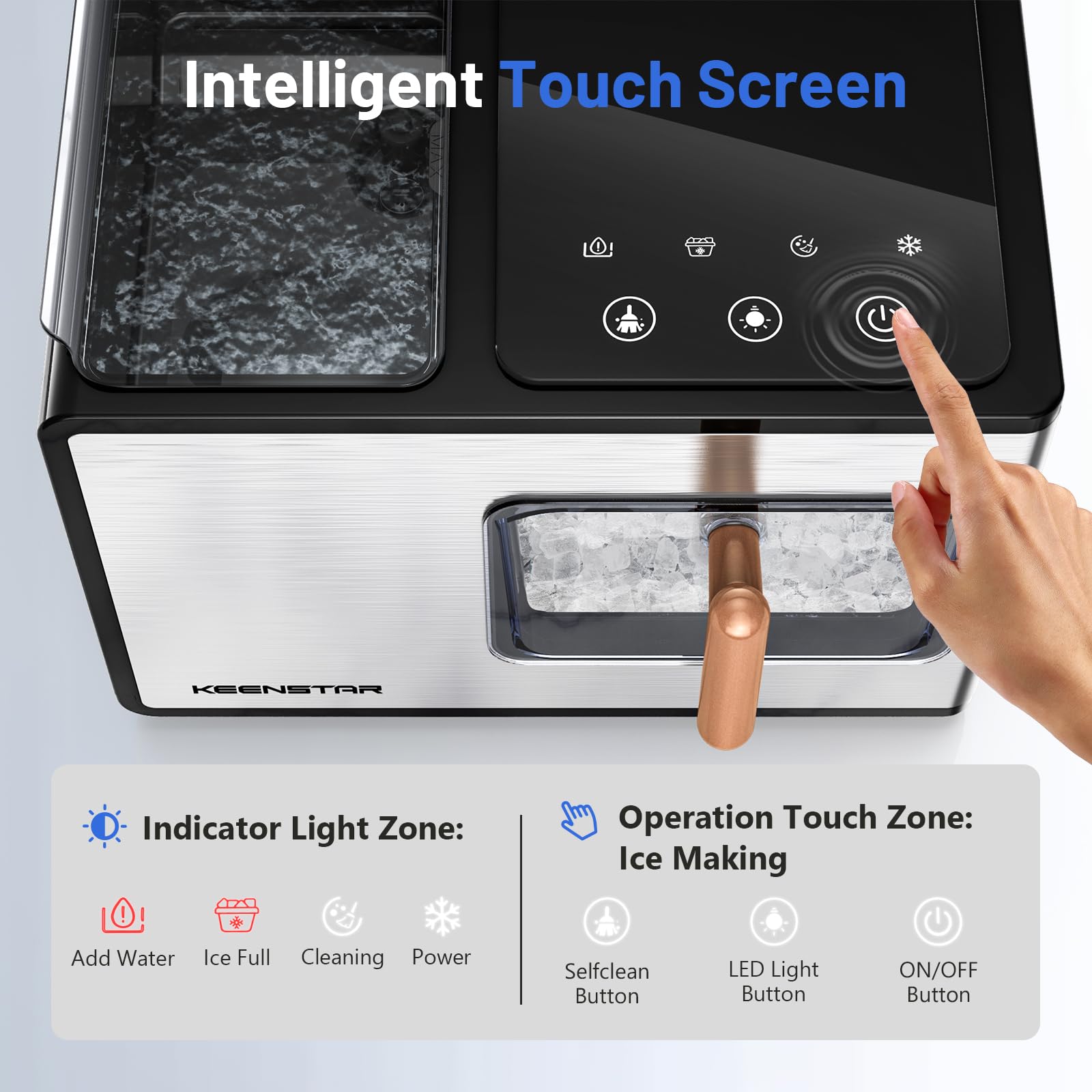Nugget Ice Maker Countertop, 40lbs/24H, Pebble Ice Maker with Soft Chewable Ice, Self Cleaning Sonic Ice Machine, Stainless Steel w/Touch Screen for Home Office Bar Party- Silver