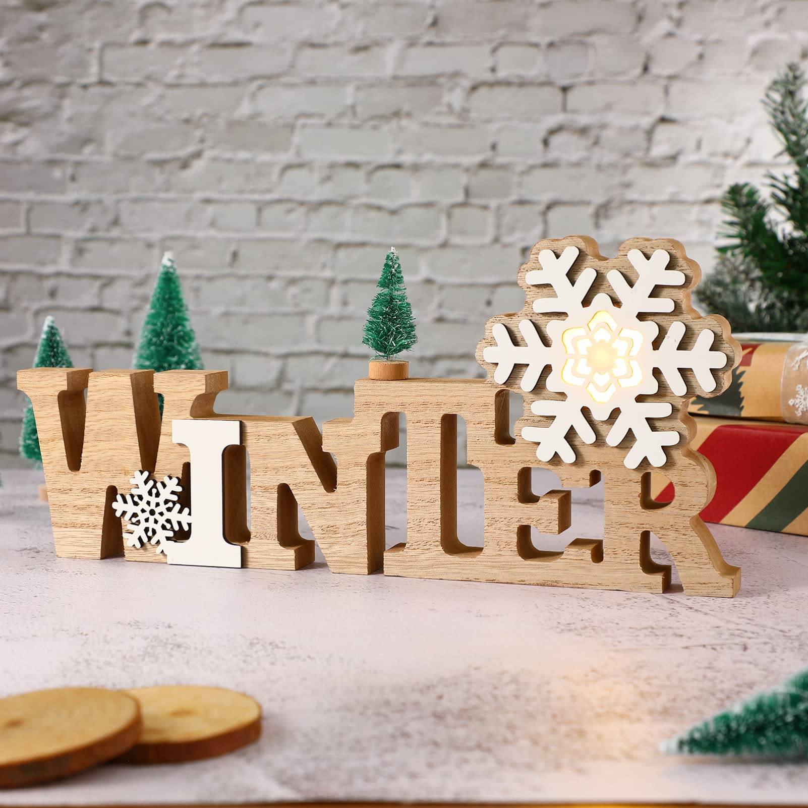 Christmas Log Carving Desktop Ornament: Glowing Light Winter Craft Decoration Accessories for Indoor Home Living Room Office Desk Table Holiday Festival Scene Display