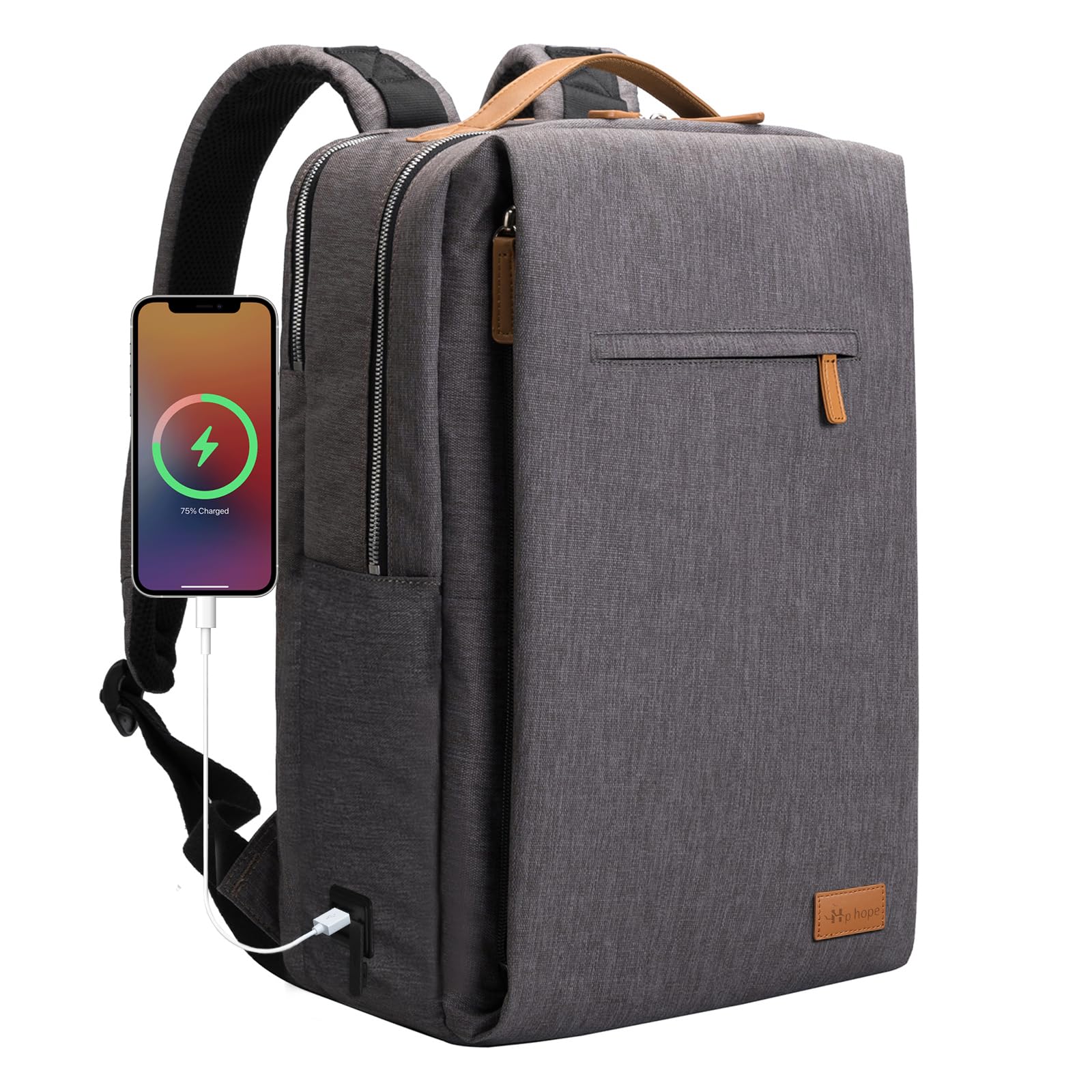 Hp hope Laptop Backpack for Women Travel, Durable Backpacks Carry On, with USB Charging Port, Fits 15.6 Inch Laptop, Waterproof, Resistant Luggage Business Weekender Bag, Grey