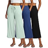 Real Essentials 3 Pack: Women's Ultra-Soft Wide Leg Loose Capri Open Bottom Pants - Yoga Lounge Pockets(Available in Plus)