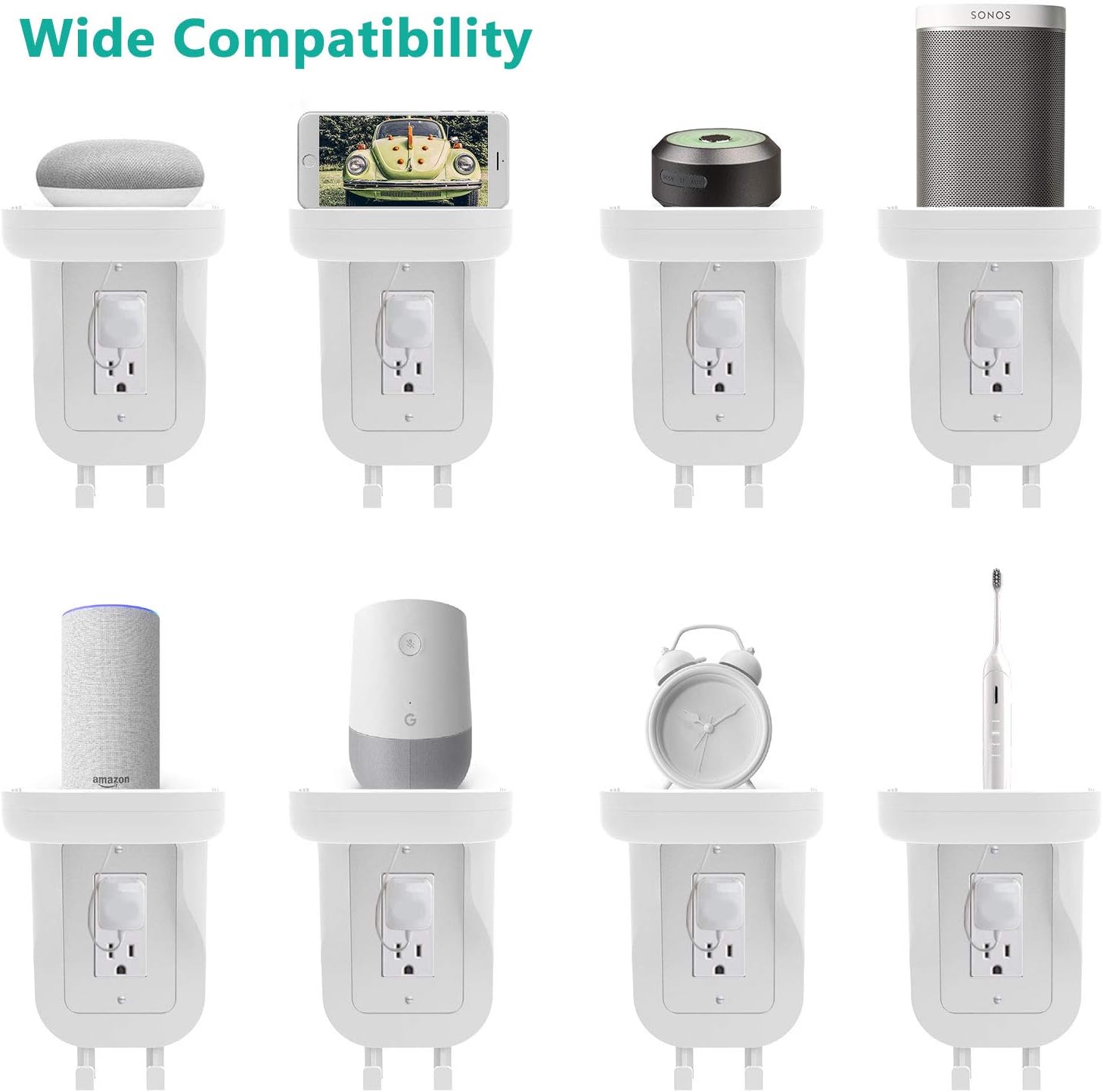 WALI Wall Bathroom Shelf Standard Vertical Duplex GFCI Décor Outlet Charging for Cell Phone, Dot, Google Home, Speaker up to 20lbs with Cable Management and Detachable Hooks (OSH001-W), White: Home & Kitchen