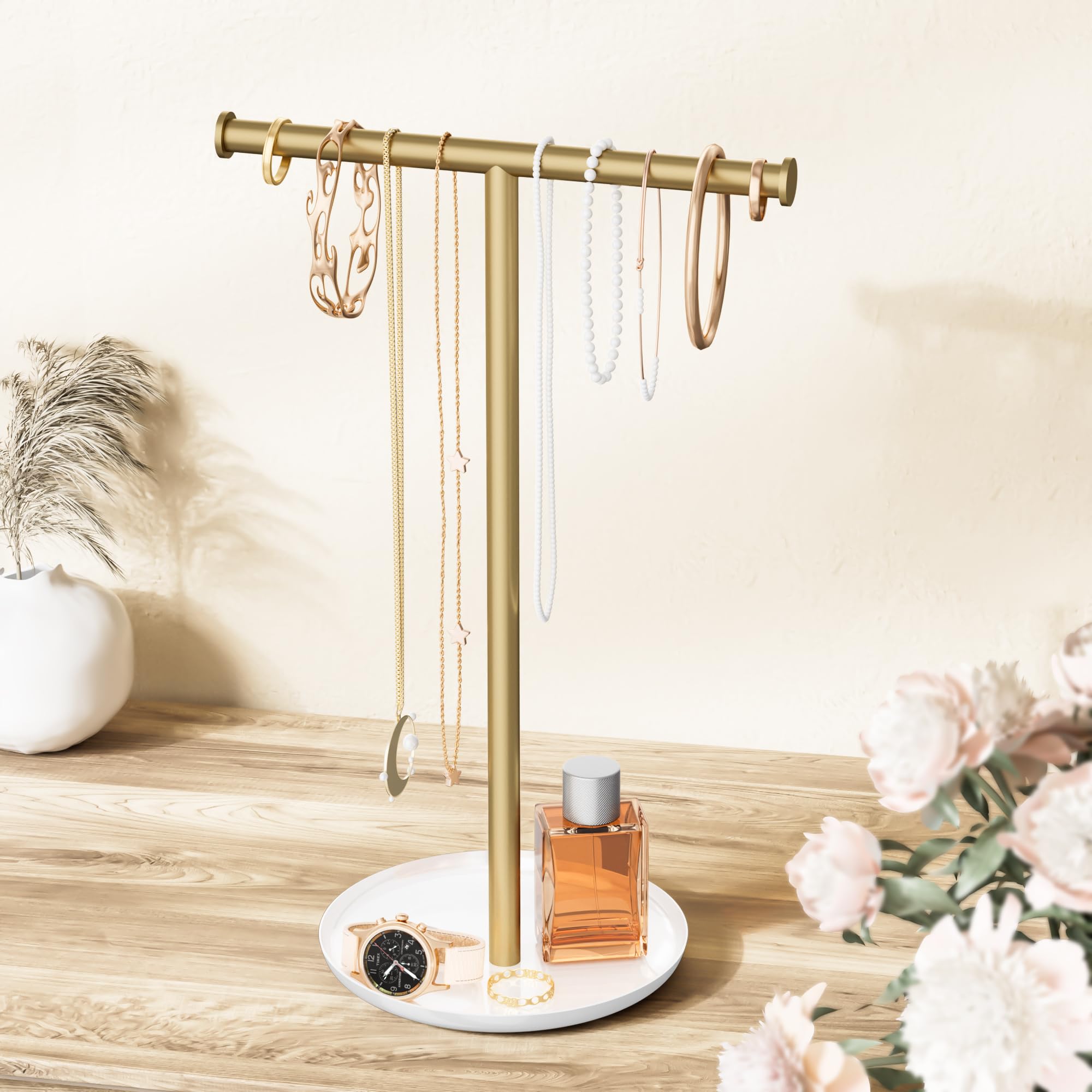 Photo 1 of Jasopaco Gold Necklace Organizer Stand with Storage Tray - 12.6" Tall T-Shaped Jewelry Holder Stand for Bracelets, Earrings, Rings | Stylish Home & Vanity Décor for Women.