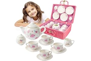 JEWELKEEPER Porcelain Tea Set for Girls - Pink Ceramic Tea Cups with Pink Box - Glass Toy for Kids Party - Ideal Gift for Toddlers and Children's Ages 3 Years Old - Floral Design, 13 Pieces