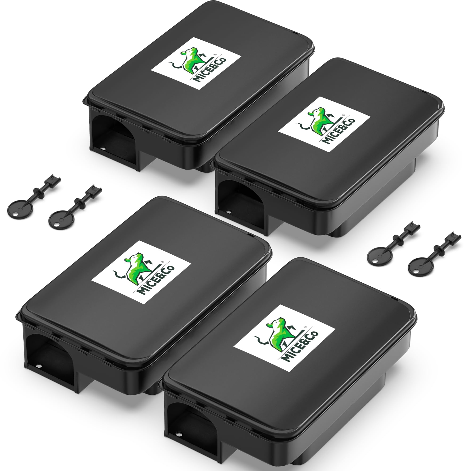 Mice&Co 4 x Bait Boxes for Rats and Mice - Professional Poison Bait Station | Effective Indoor & Outdoor Heavy Duty, Tamper Resistant & Lockable